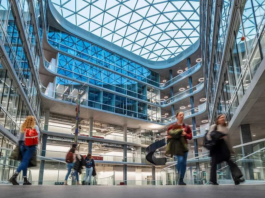The glass-roofed atrium of the D-BSSE building of ETH Zurich in Basel